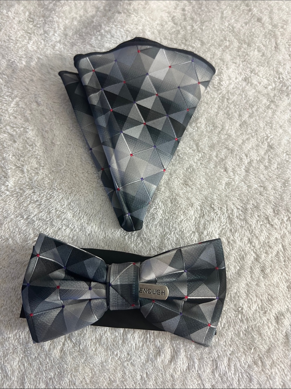 Tytus Ties “Enough”Gray Geometric Pocket round and Bow Tie Set